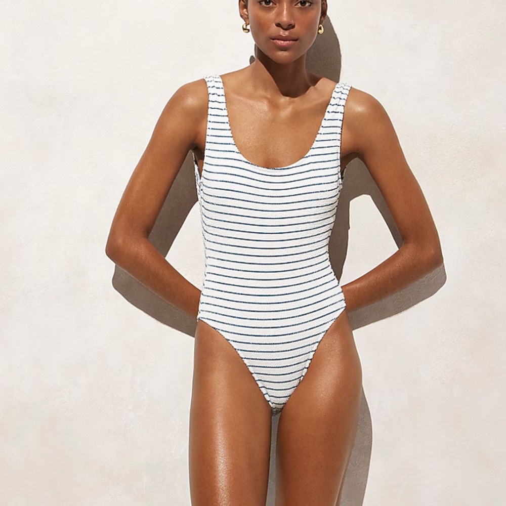 J Crew Claudia scrunchie one-piece white and blue stripped swimsuit size 24 nwt
